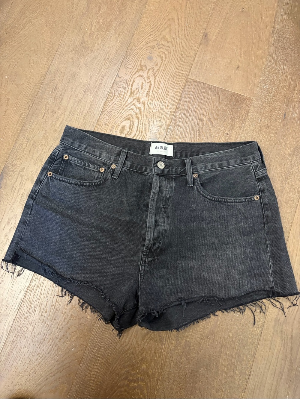 AGOLDE Parker Black Frayed Hem Denim Shorts